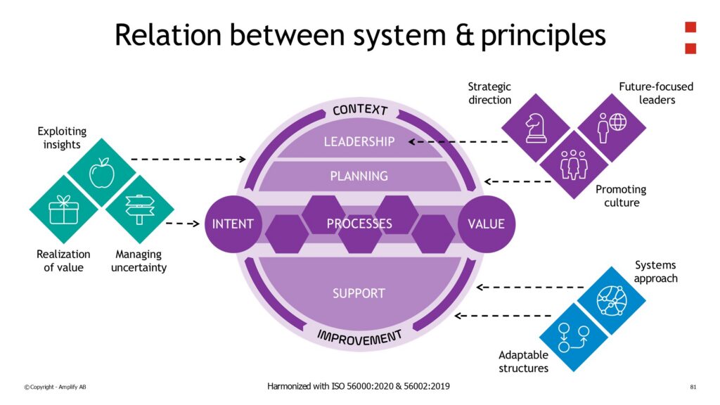 Infographic: 8 key principles for a successful innovation organization. System & principles relationship visualized.